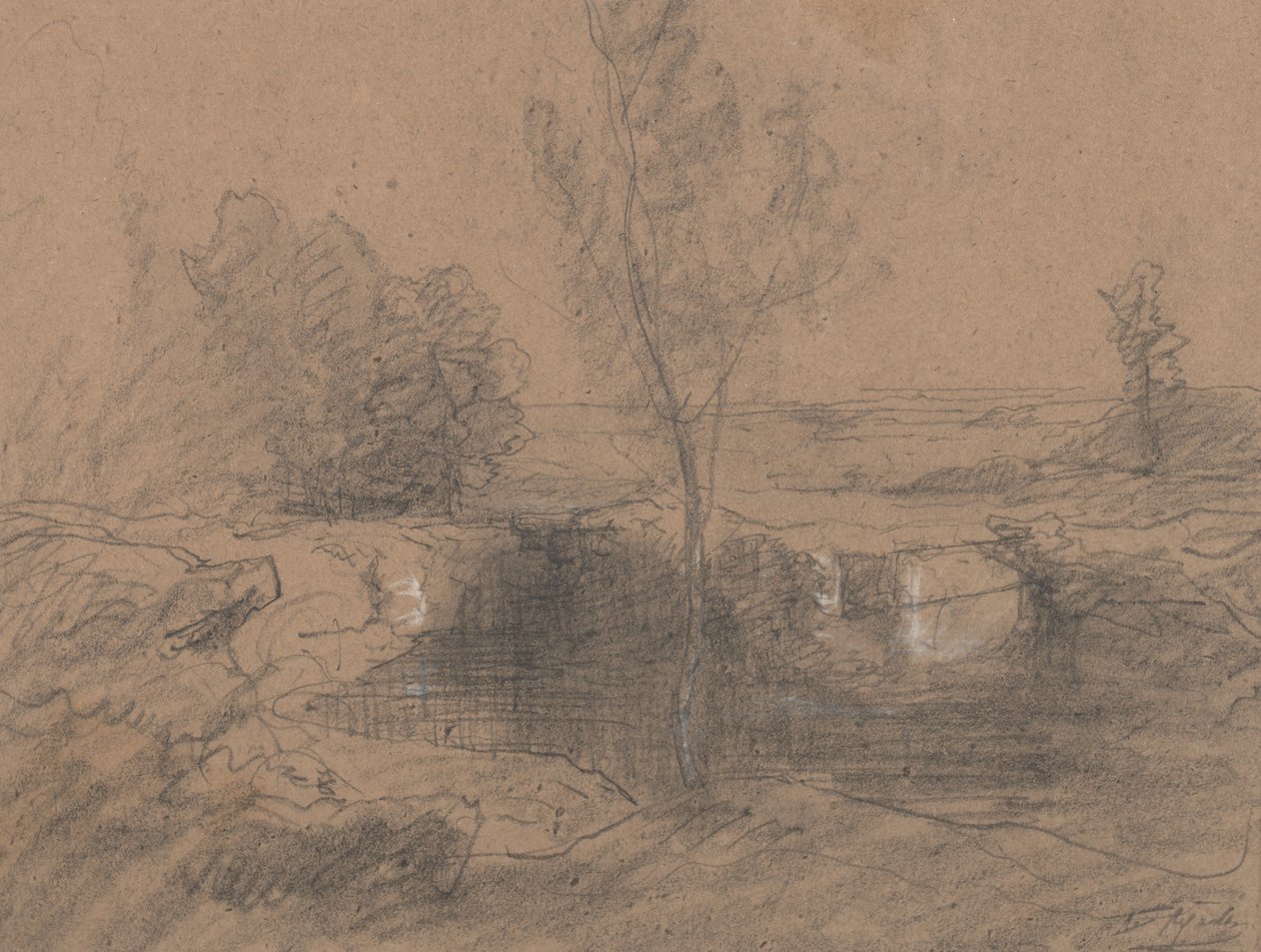 风景，c.1853-65（铅笔和纸上水洗） 作者 奥古斯特·弗朗索瓦·拉维尔