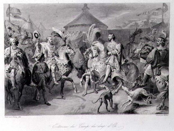 1520年6月24日在金布领域的会议，由米林刻制（雕刻）。 作者 Auguste Hyacinthe (after) Debay
