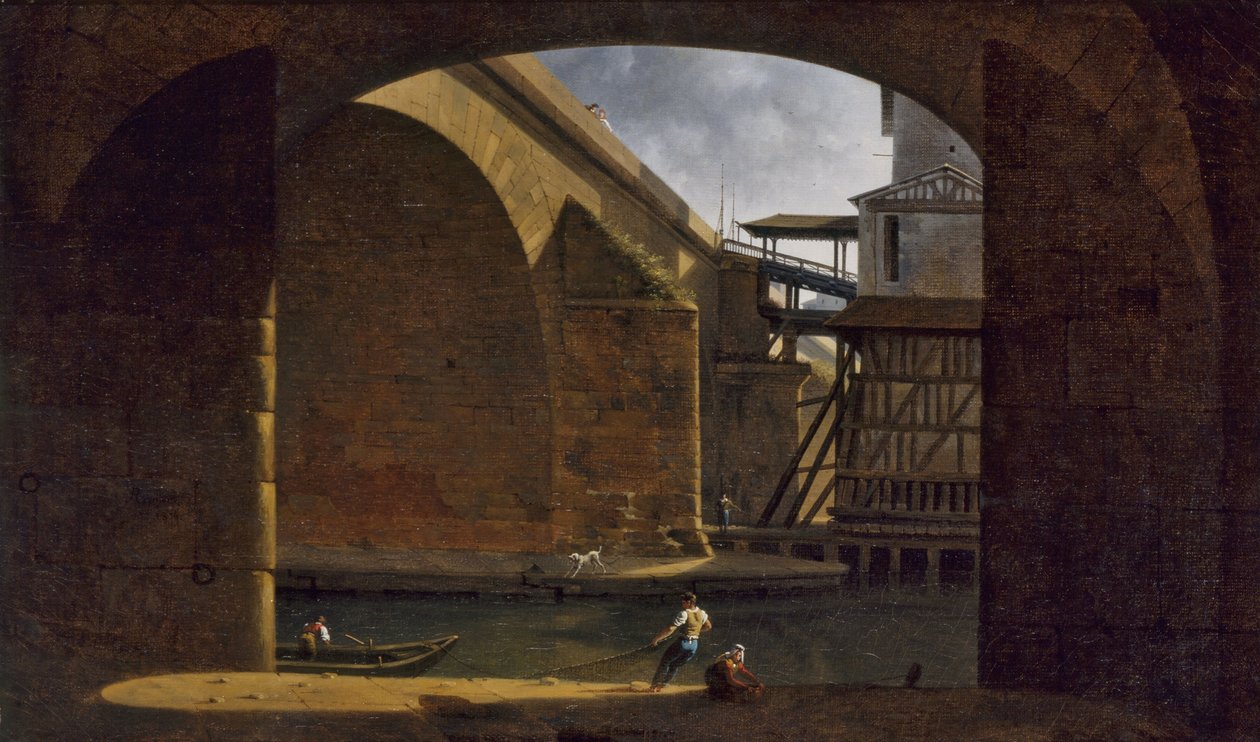 1816 年，从拱顶 Quai de Gesvres 望圣母桥和水泵（布面油画） 作者 奥古斯特·雅克·雷格尼尔