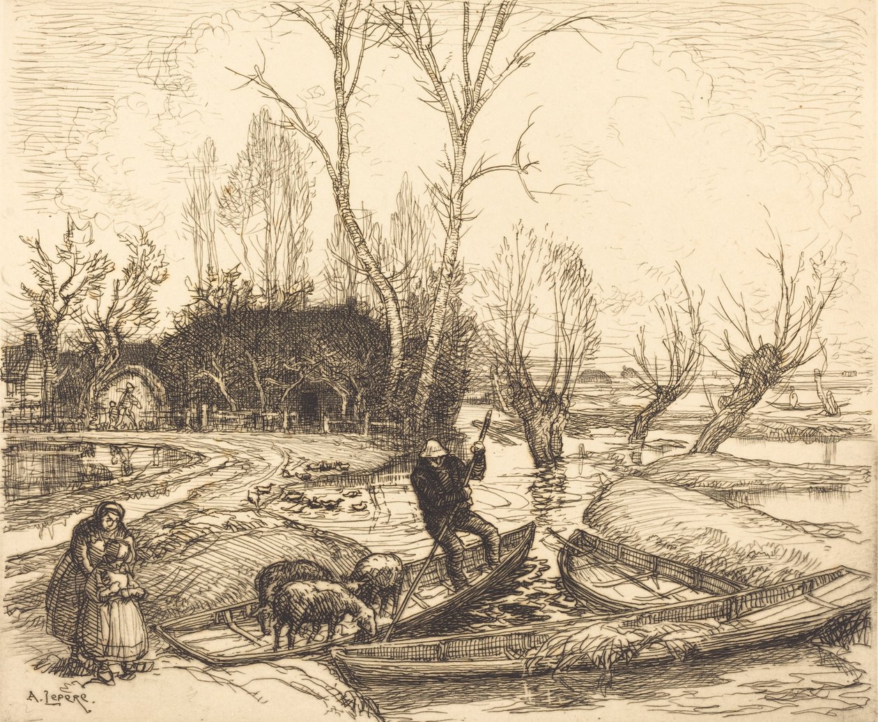 在被淹没的沼泽地--《牧羊人》 Au marais inonde - Le berger, 1911. 作者 奥古斯特·勒佩雷（Auguste Lepere）