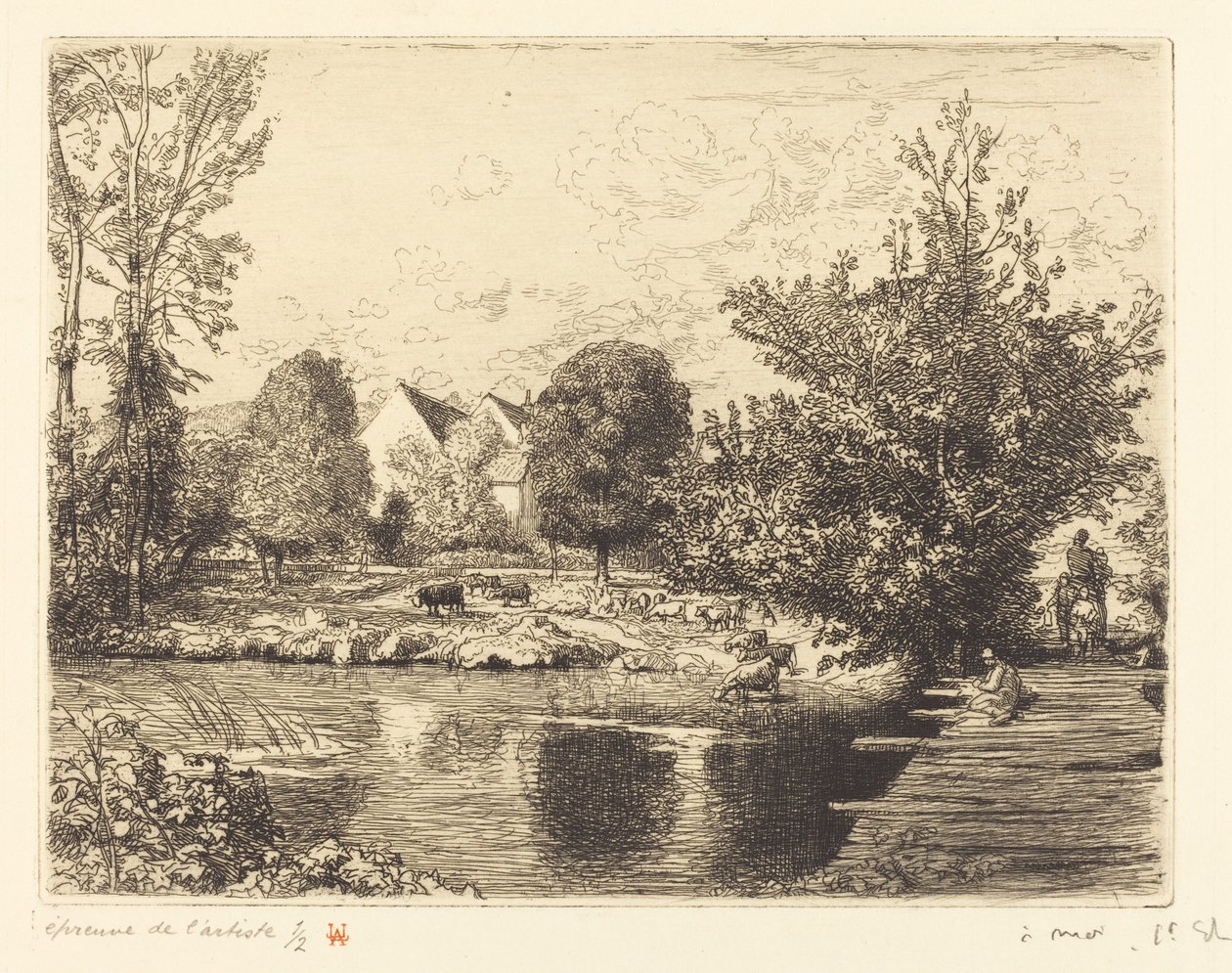 小莫林河岸边的老式人行桥 (Vieille passerelle, bords du petit morin) 作者 奥古斯特·勒佩雷（Auguste Lepere）