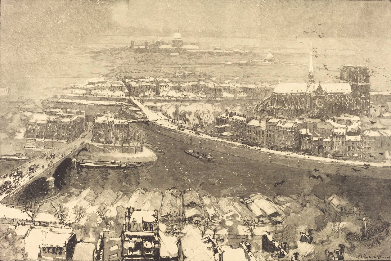 雪中的巴黎，从St.-Gervais眺望 巴黎的雪，从St.-Gervaais的高处眺望，1890。 作者 奥古斯特·勒佩雷（Auguste Lepere）