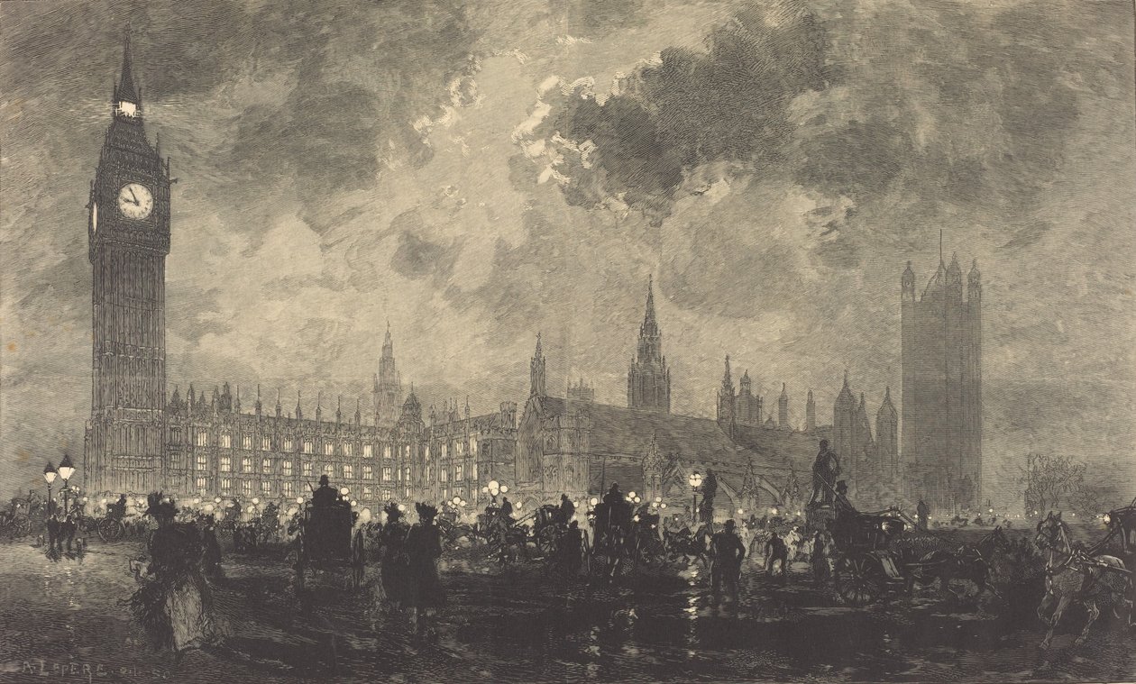 晚间9点的议会--伦敦 Le parlement a 9 heures du soir --伦敦，1890。 作者 奥古斯特·勒佩雷（Auguste Lepere）