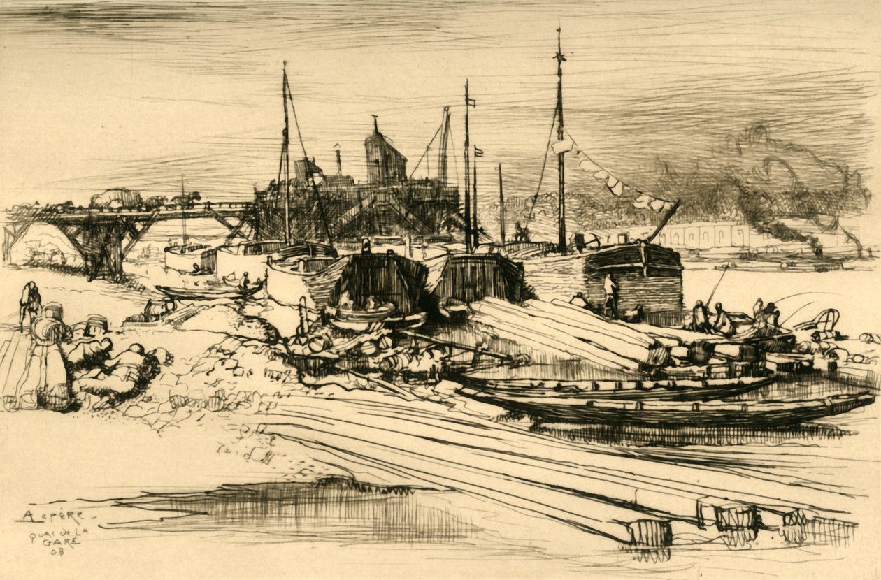 Quai De La Gare：公共交通，1908年。 作者 奥古斯特·路易斯·勒佩尔