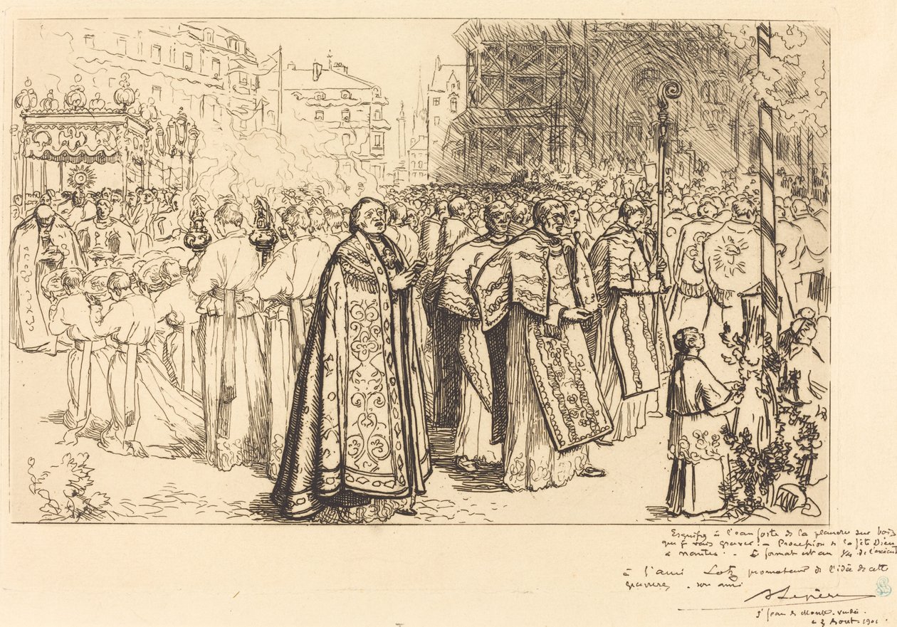 游行队伍返回南特大教堂（Rentree de la Procession a la Cathedral de Nantes）。 作者 奥古斯特·勒佩雷（Auguste Lepere）