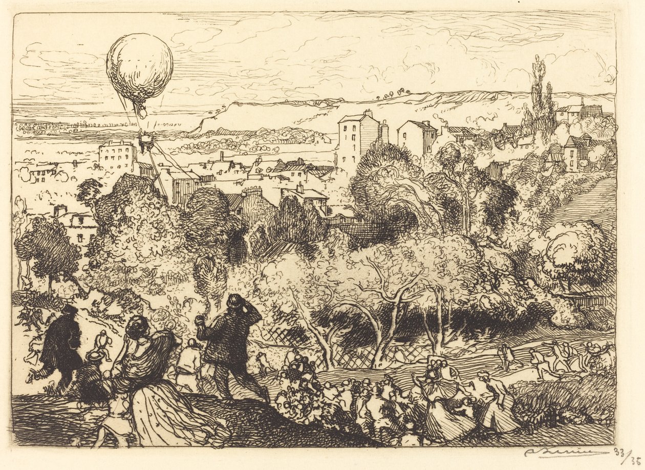 坠落的气球，在Pre-Saint-Gervais（Lebaloon qui tombe, au Pre-Saint-Gervais）。 作者 奥古斯特·勒佩雷（Auguste Lepere）