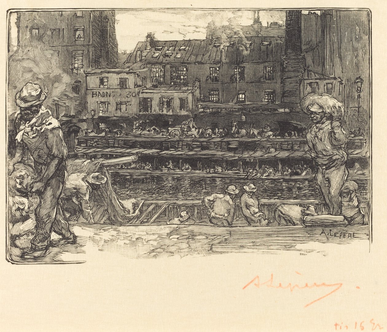 卸货，圣马丁运河 (Les de déchargeurs de platre, Canal Saint-Martin) 作者 奥古斯特·勒佩雷（Auguste Lepere）