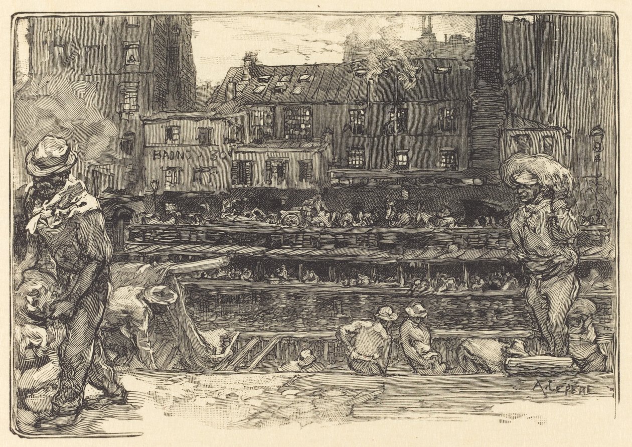 卸货，圣马丁运河 Les de déchargeurs de platre，圣马丁运河，1890。 作者 奥古斯特·勒佩雷（Auguste Lepere）