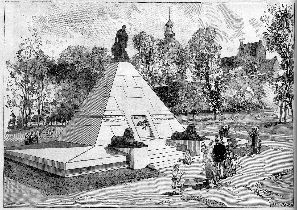 为纪念法国埃及学家奥古斯特-爱德华（Auguste Edouard）-马里耶特（1821-1881）而在加莱海峡畔布洛涅建立的纪念碑的景色（62）。勒佩尔在1882年7月29日的《世界画报》第1322期上的雕刻作品。 作者 奥古斯特·勒佩雷（Auguste Lepere）