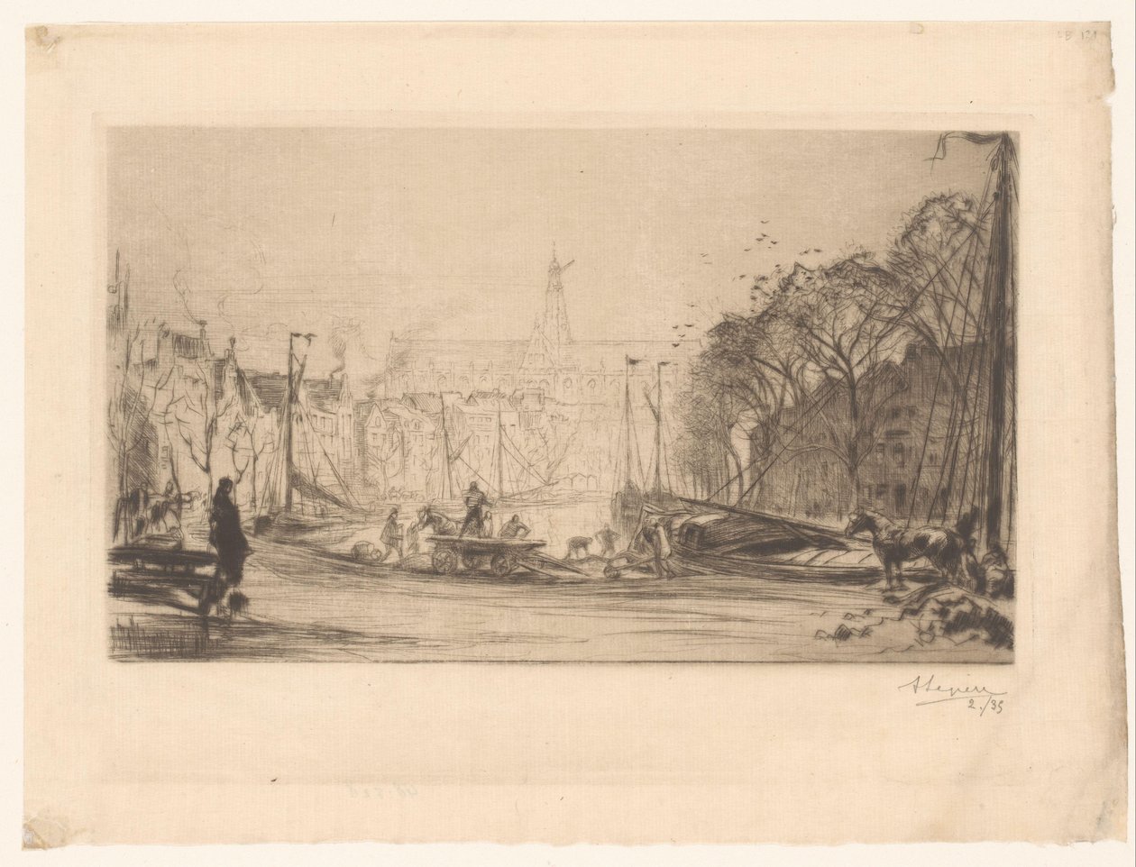 斯帕恩河和圣巴沃教堂景观 作者 Auguste Lepère（艺术家签名）