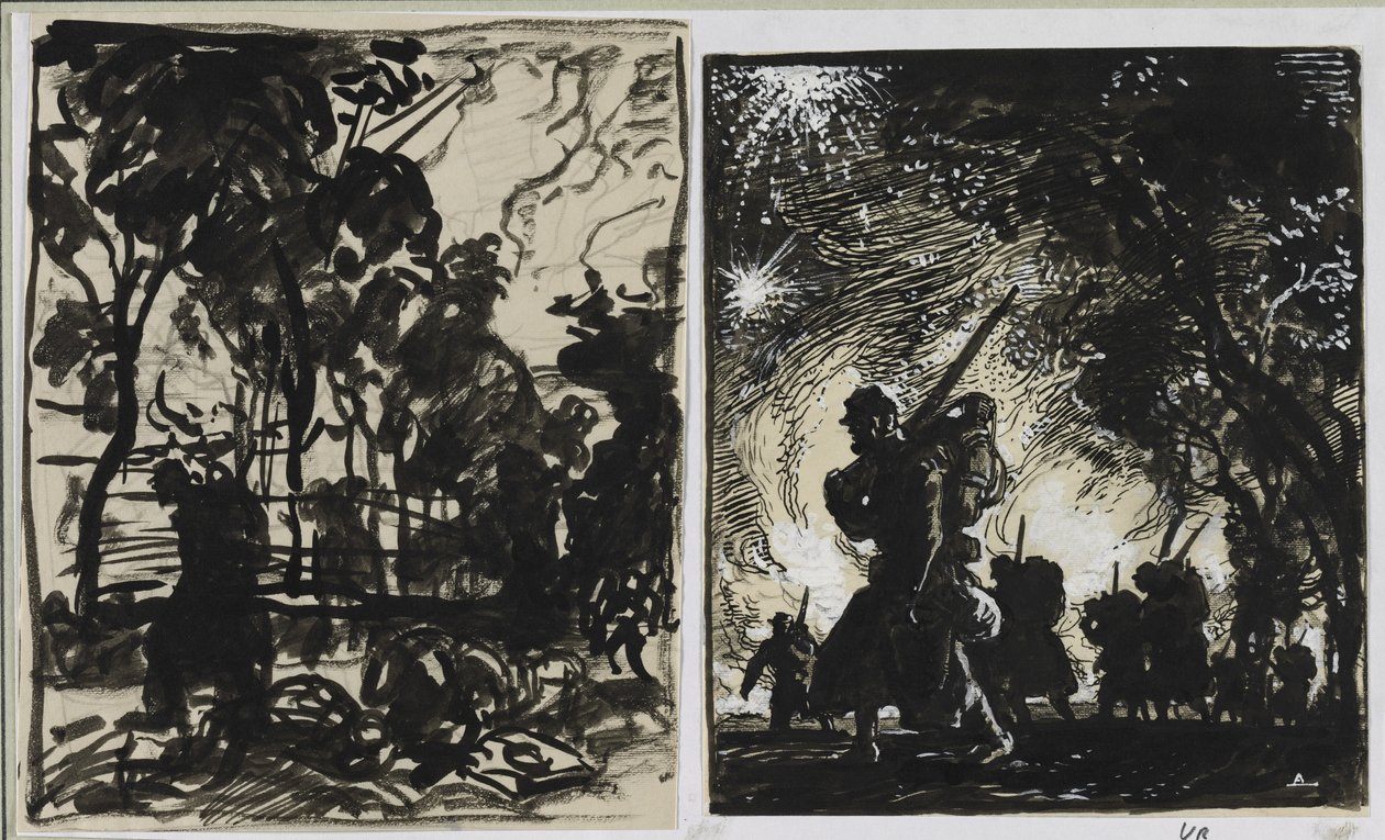 夜景，在树林的边缘巡逻，1914年。 作者 奥古斯特·路易斯·勒佩尔