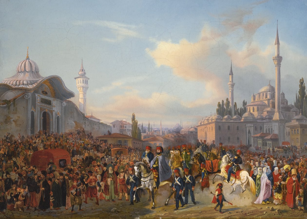 苏丹·马哈茂德二世（Sultan Mahmud II）离开君士坦丁堡的Bayezid清真寺，1837年 作者 奥古斯特·艾蒂安·弗朗索瓦·梅耶