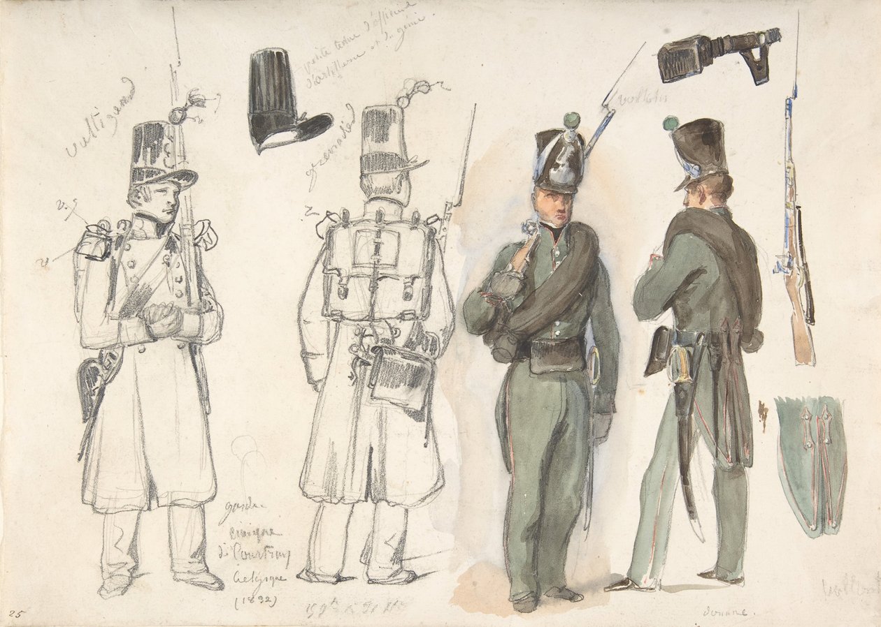 比利时库特雷的国民警卫队的制服，1832年。 作者 奥古斯特·拉菲特（Auguste Raffet）