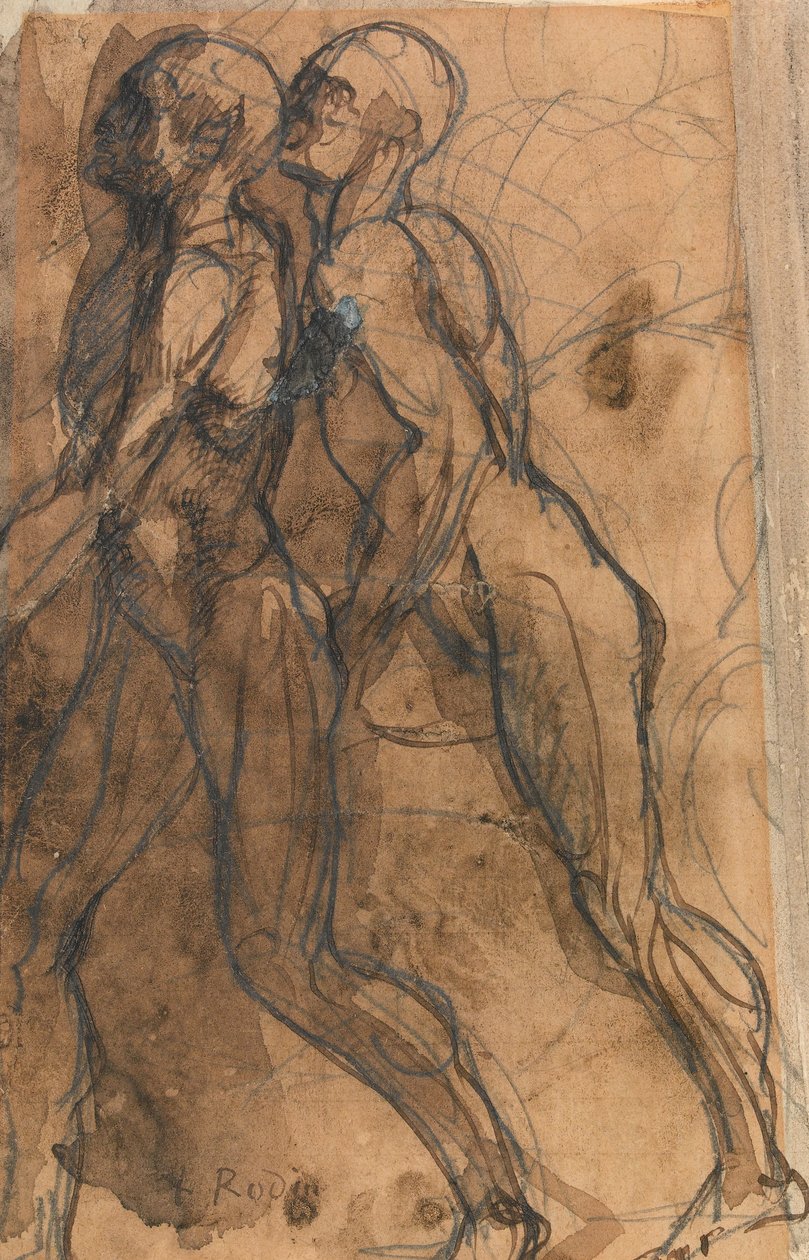 阴影逼近Dante和Virgil（石墨，笔和暗棕褐色洗涤在浅黄色纸上） 作者 奥古斯特·罗丹（Auguste Rodin）