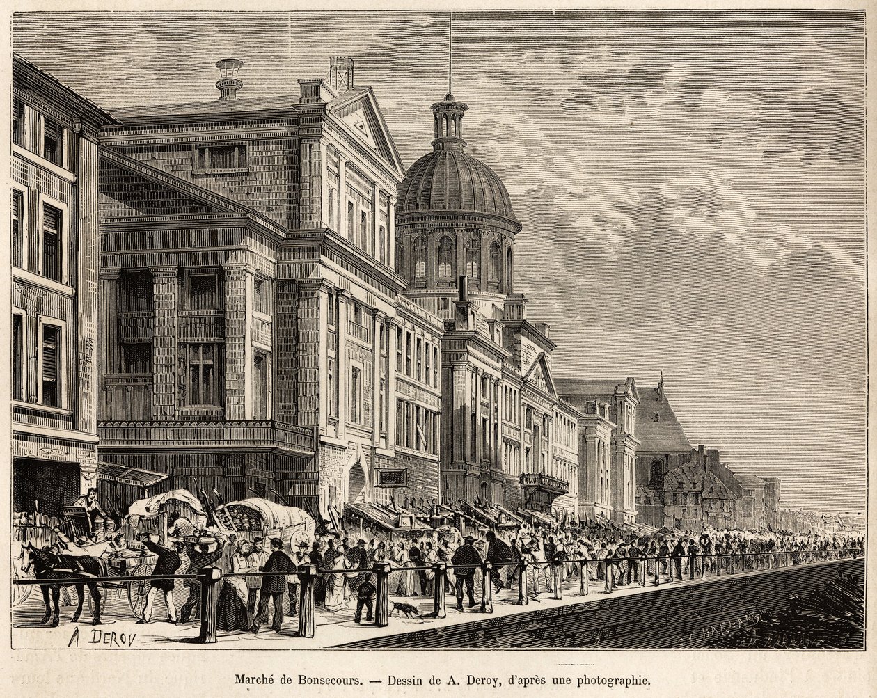 Le marche de Bonsecours，蒙特利尔的一个旅游和文化中心，根据A.Deroy的画作雕刻，说明H.De Lamotte在1873年对加拿大和Riviere Rouge du nord的游览，发表在1875年由Edou编辑的 "Le tour du monde "上。 作者 奥古斯特·维克多·德罗伊