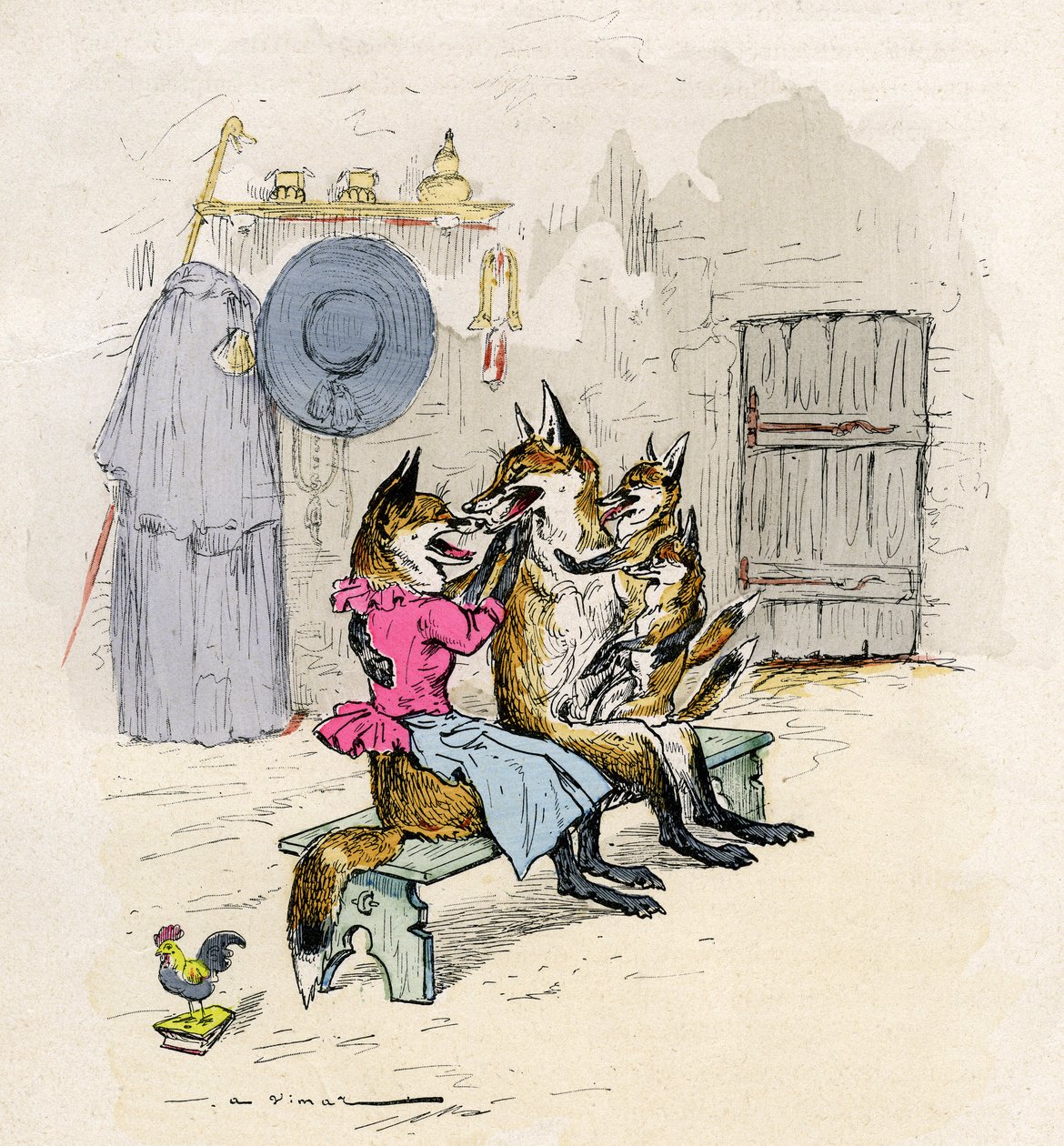 Illustration by A. Vimar for the Novel de Renart (novel of the fox), edition Henri Laurens 19th century - Goupil and Hermeline the fox, his wife, home, with their children the little foxes - 作者 奥古斯特·维玛（Auguste Vimar）