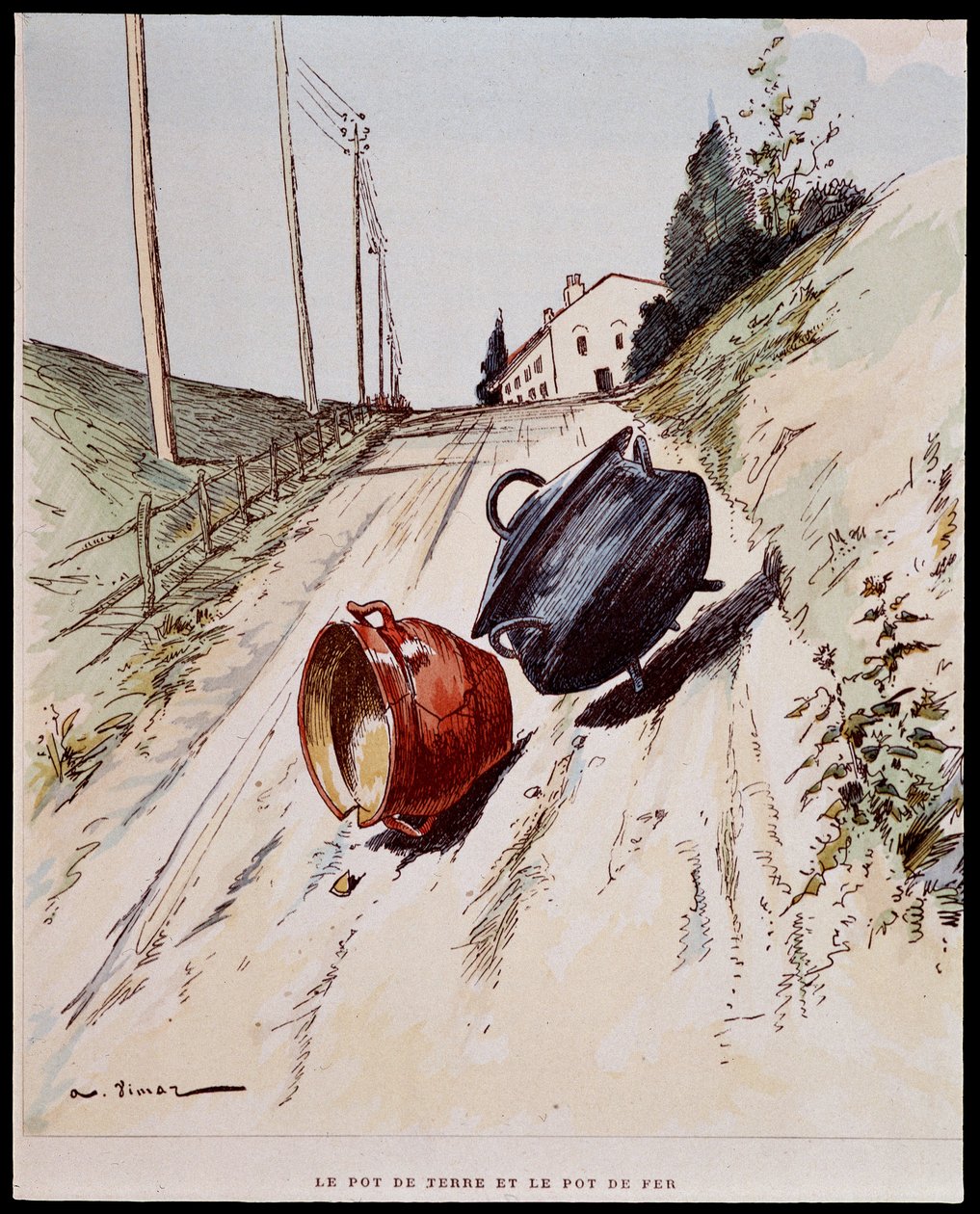 陶罐和铁罐 - 在“Les Fables de La Fontaine”中，生病了。 作者 Auguste Vimar (1851-1916), Tours, at A, Mame & Fils 作者 奥古斯特·维玛（Auguste Vimar）