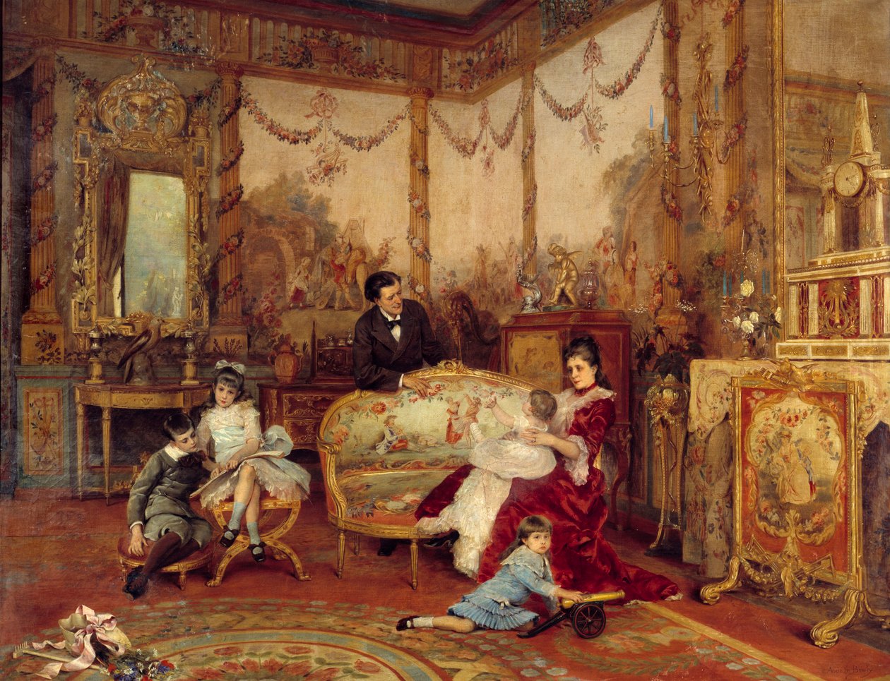 Victorian Sardou (1831 - 1908)，剧作家和他的孩子。 从客厅的内部查看壁炉前的火。 Auguste La Brely (1838-1906) 的绘画 作者 奥古斯特·德拉布雷