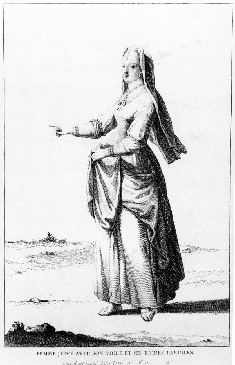 有她的面纱和她富有的装饰品的法国犹太妇女，从Dictionnaire Historique de la Bible的例证，1722年 作者 奥古斯丁·卡尔梅特