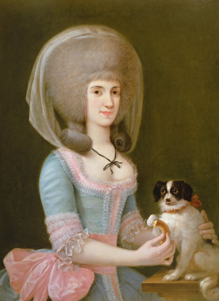 Dona Maria Teresa Apodaca de Sisma的肖像给她的狗一个titbit 作者 奥古斯丁·埃斯特夫（Augustin Esteve）