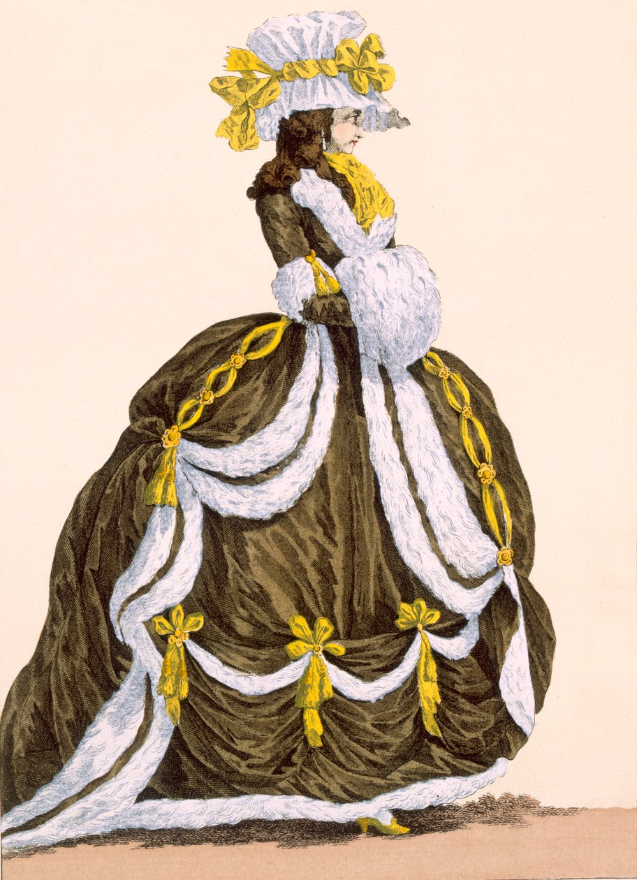 在法院展示的焦糖连衣裙，由Dupin雕刻，来自&39;Galeries des Modes et Costumes Francais&39;的第276号板，c.1778-87 作者 奥古斯丁·德·圣奥宾