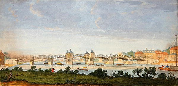 汉普顿宫廷桥跨越泰晤士河的透视图，由查尔斯-格里尼翁（1717-1810）约1754年刻制（彩色雕刻）。 作者 奥古斯丁（后）黑克尔