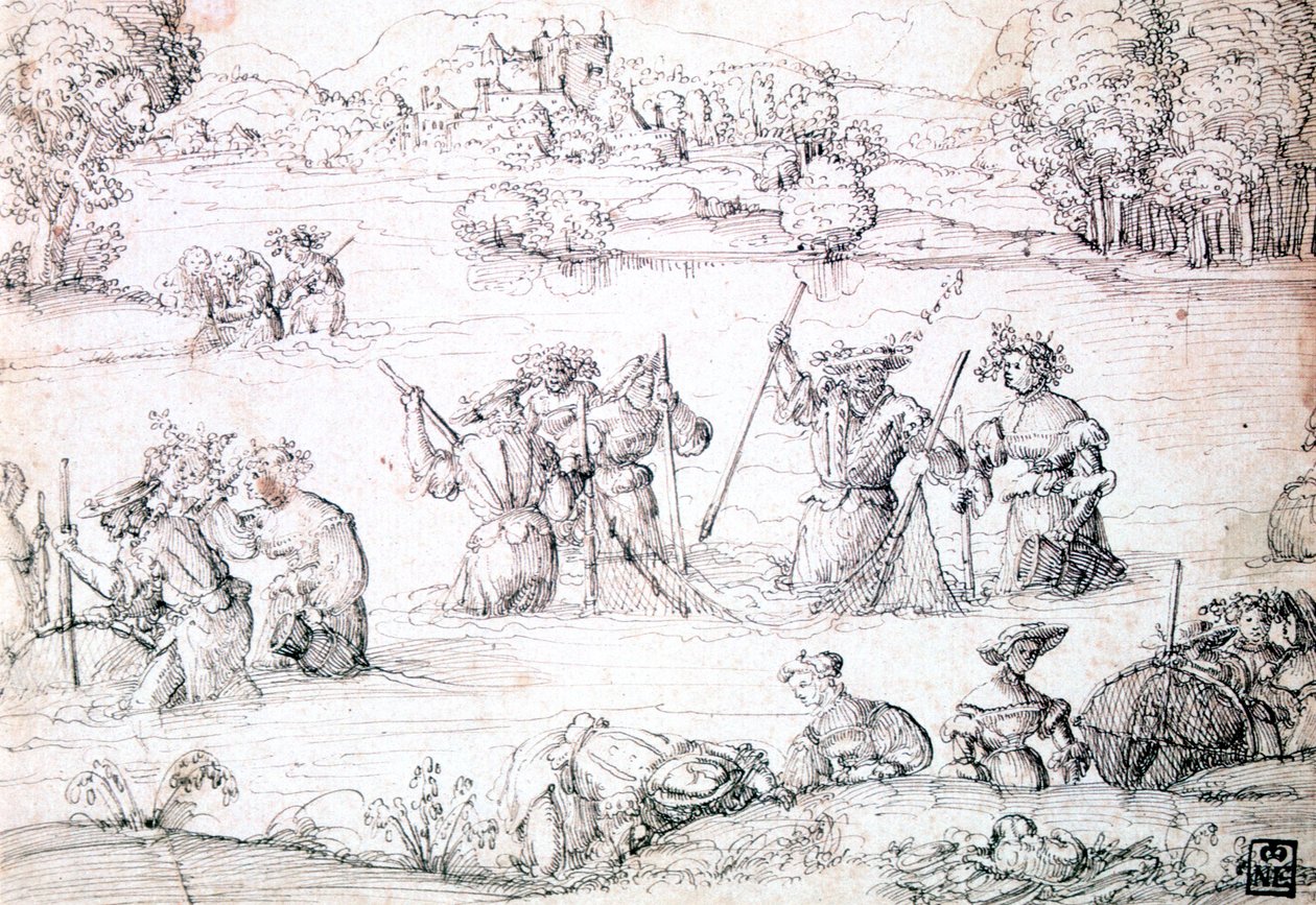 在雨中钓鱼，c1513-1553 作者 奥古斯丁·赫希沃格尔