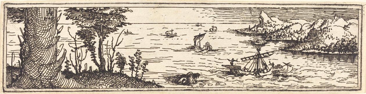 有湖泊和帆船的风景，1545年。 作者 奥古斯丁·赫希沃格尔