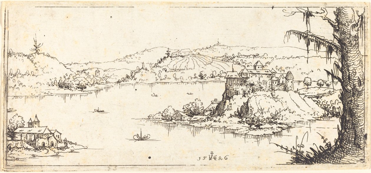 中心有一个大湖的风景，1546年。 作者 奥古斯丁·赫希沃格尔