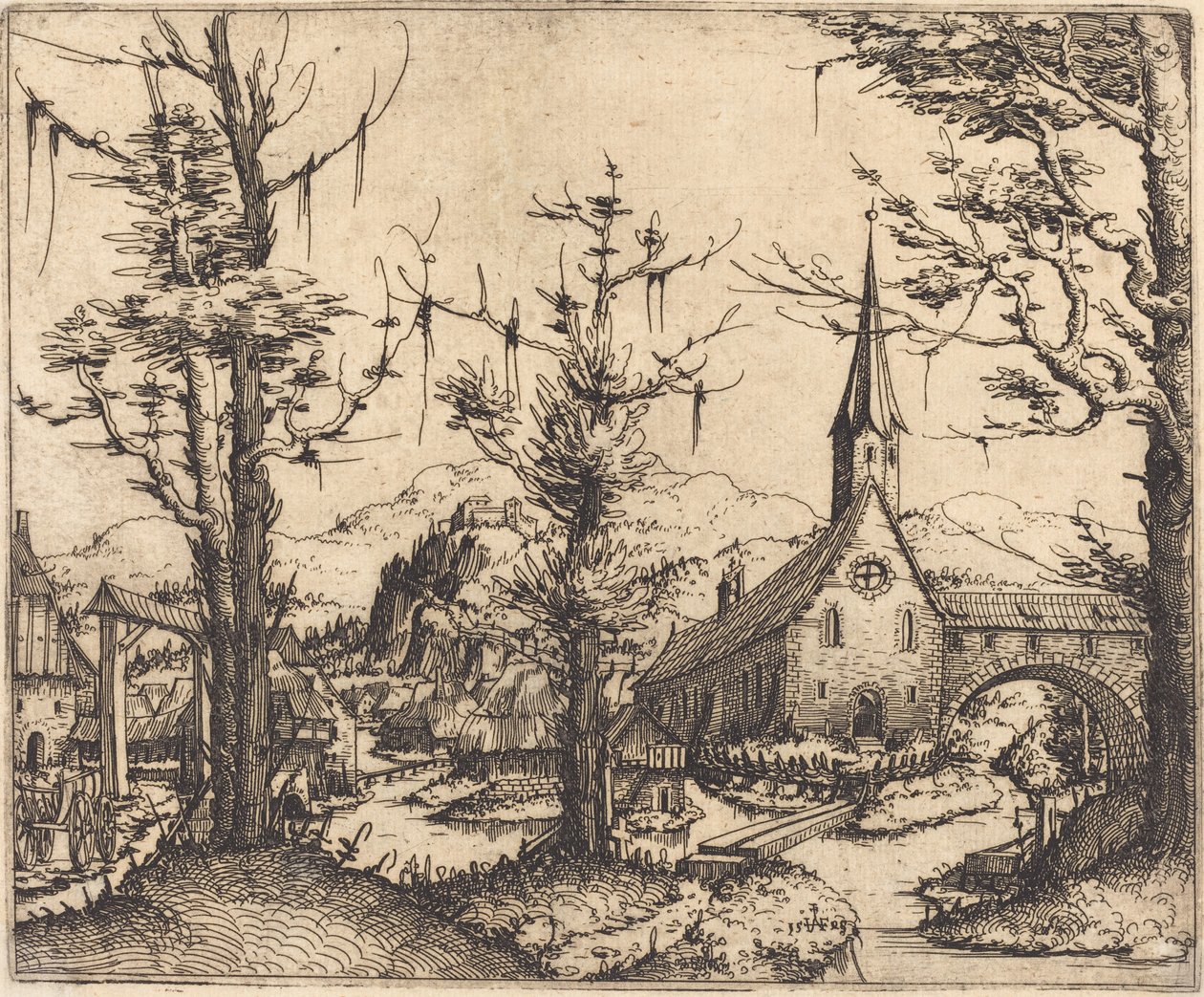 带有乡村教堂的风景，1545年。 作者 奥古斯丁·赫希沃格尔