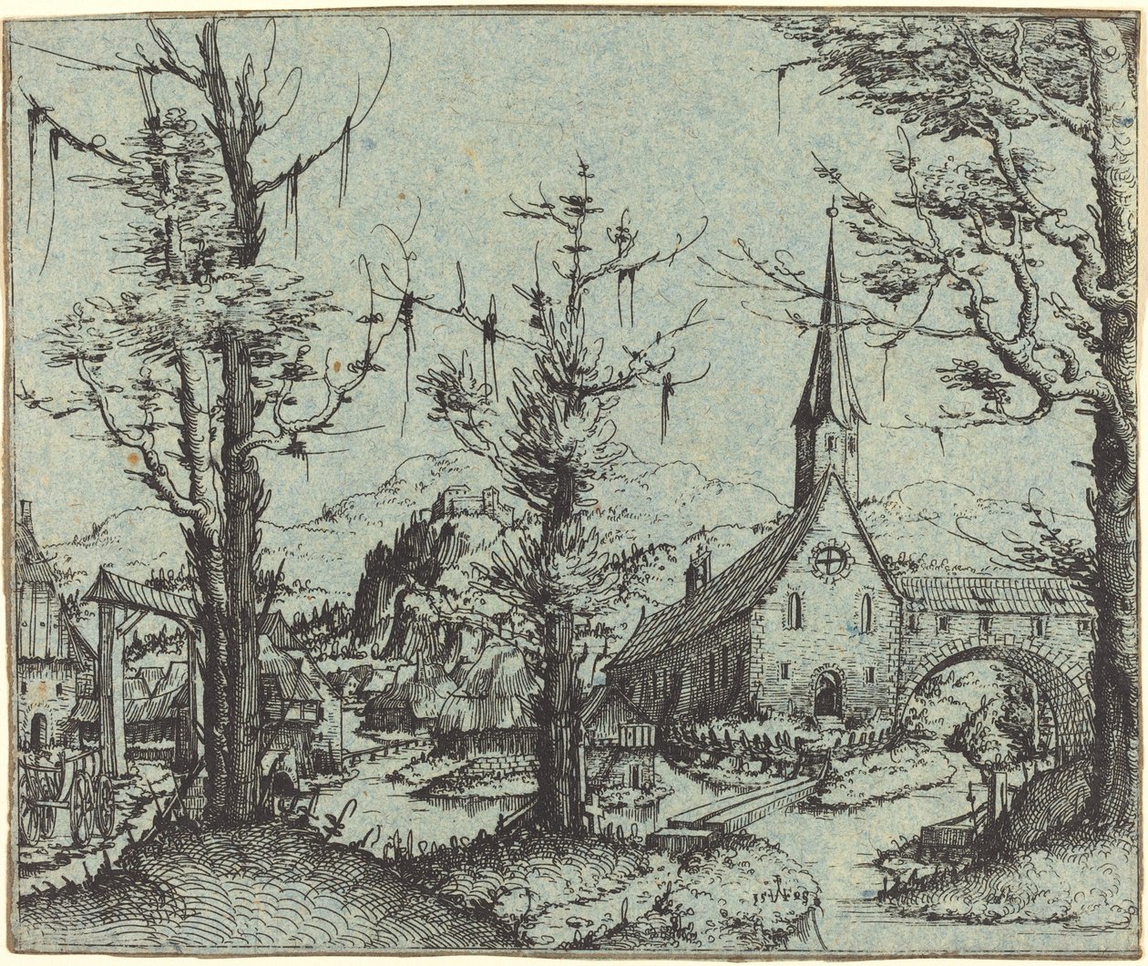 带有乡村教堂的风景，1545年。 作者 奥古斯丁·赫希沃格尔