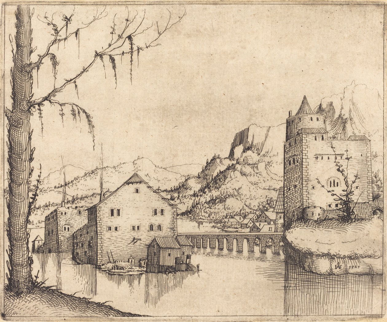 带有两座建筑的河流景观，1545年。 作者 奥古斯丁·赫希沃格尔