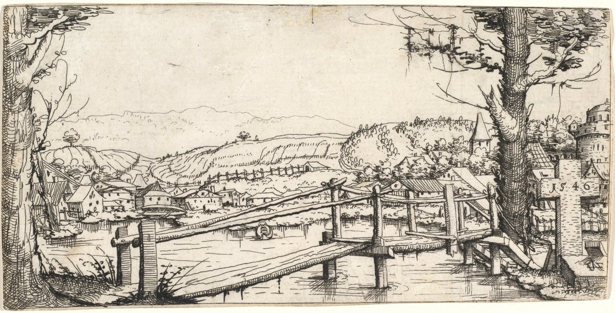 河流景观与人行桥，1546年。 作者 奥古斯丁·赫希沃格尔