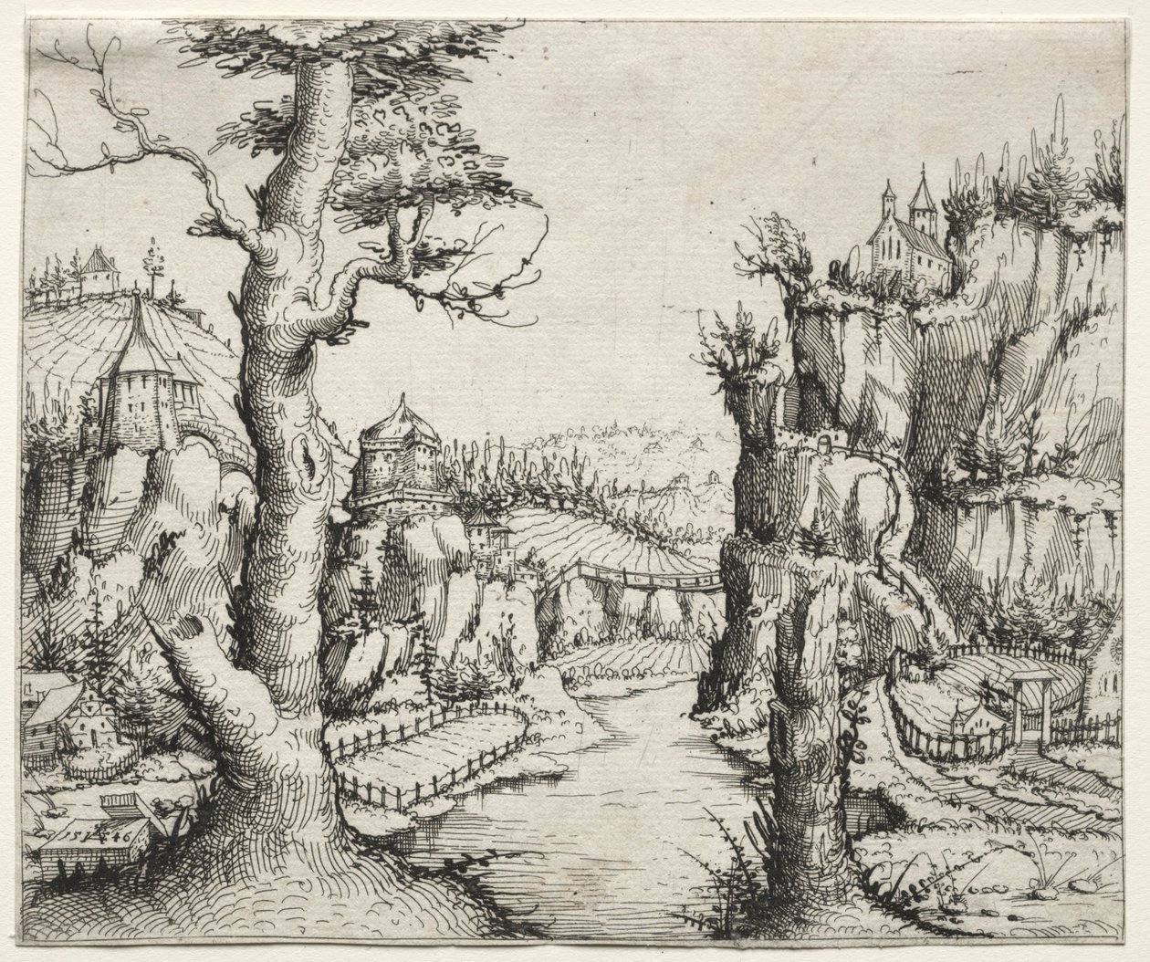 与岩石的河风景在左边的安娜在右边，1546。 作者 奥古斯丁·赫希沃格尔
