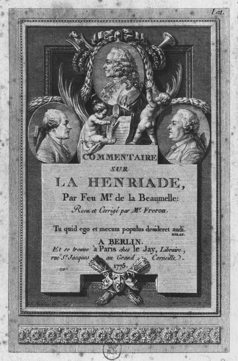 由伏尔泰的&39;La Henriade&39;评论的de la Beaumelle评论的正面，由Freron修订和更新，于1775年在柏林和巴黎出版 作者 奥古斯丁·德·圣奥宾