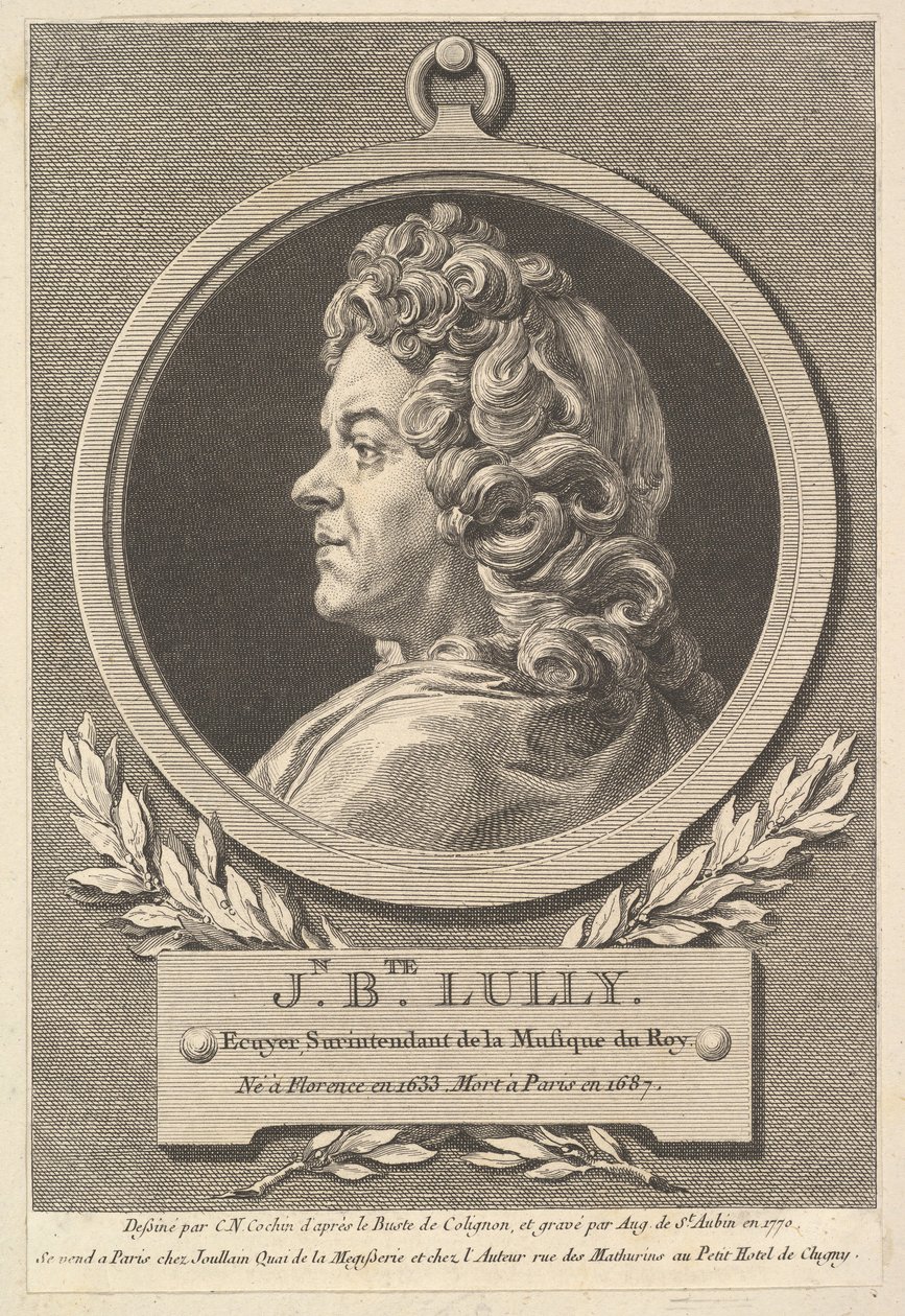 让-巴蒂斯特·卢利（Jean-Baptiste Lully）的肖像，1770年。 作者 奥古斯丁·德·圣奥宾