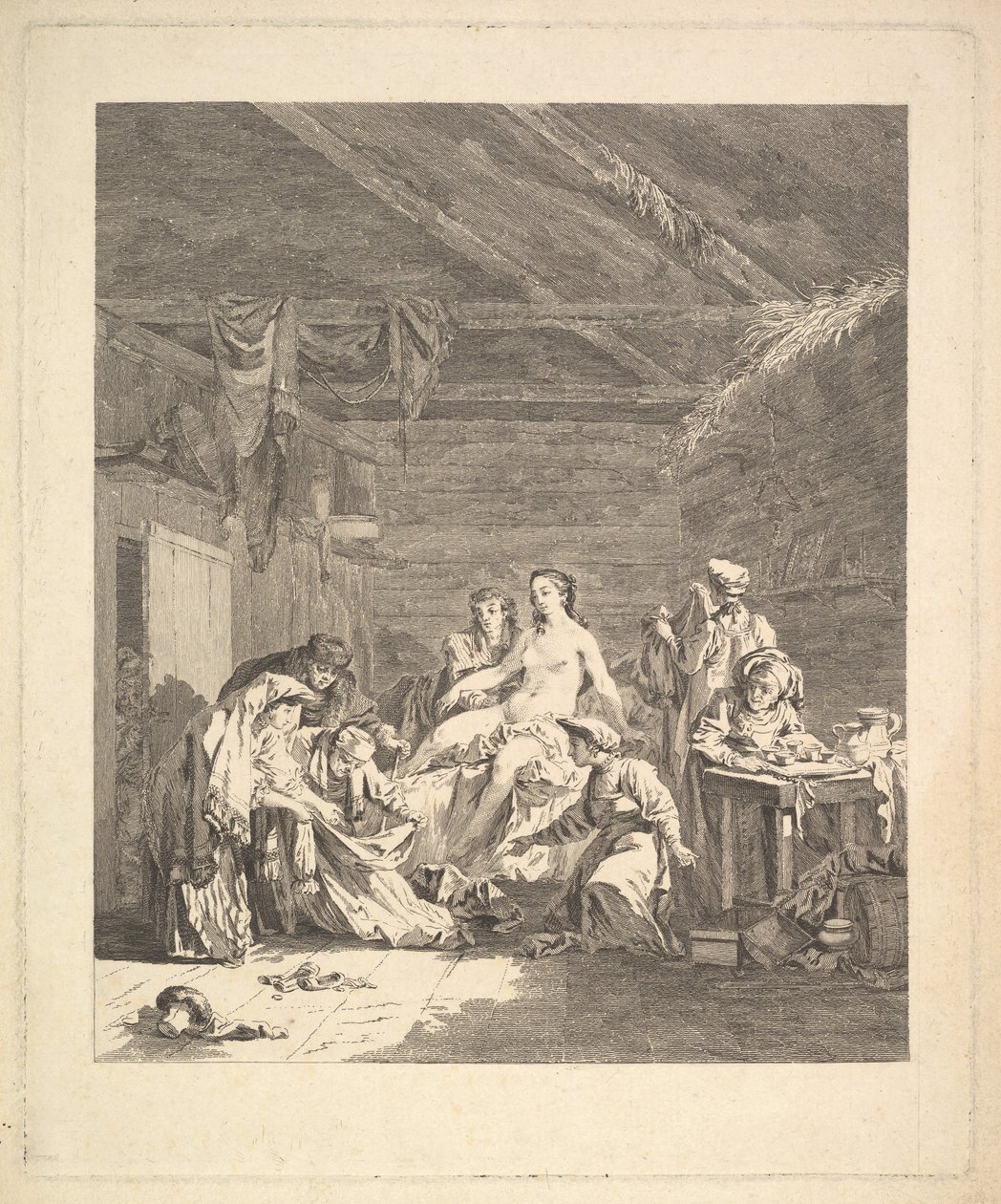 第一卷的插图，第165页：Usage des Russes après le Mariage et avant la Noce..., 1767. 作者 奥古斯丁·德·圣奥宾