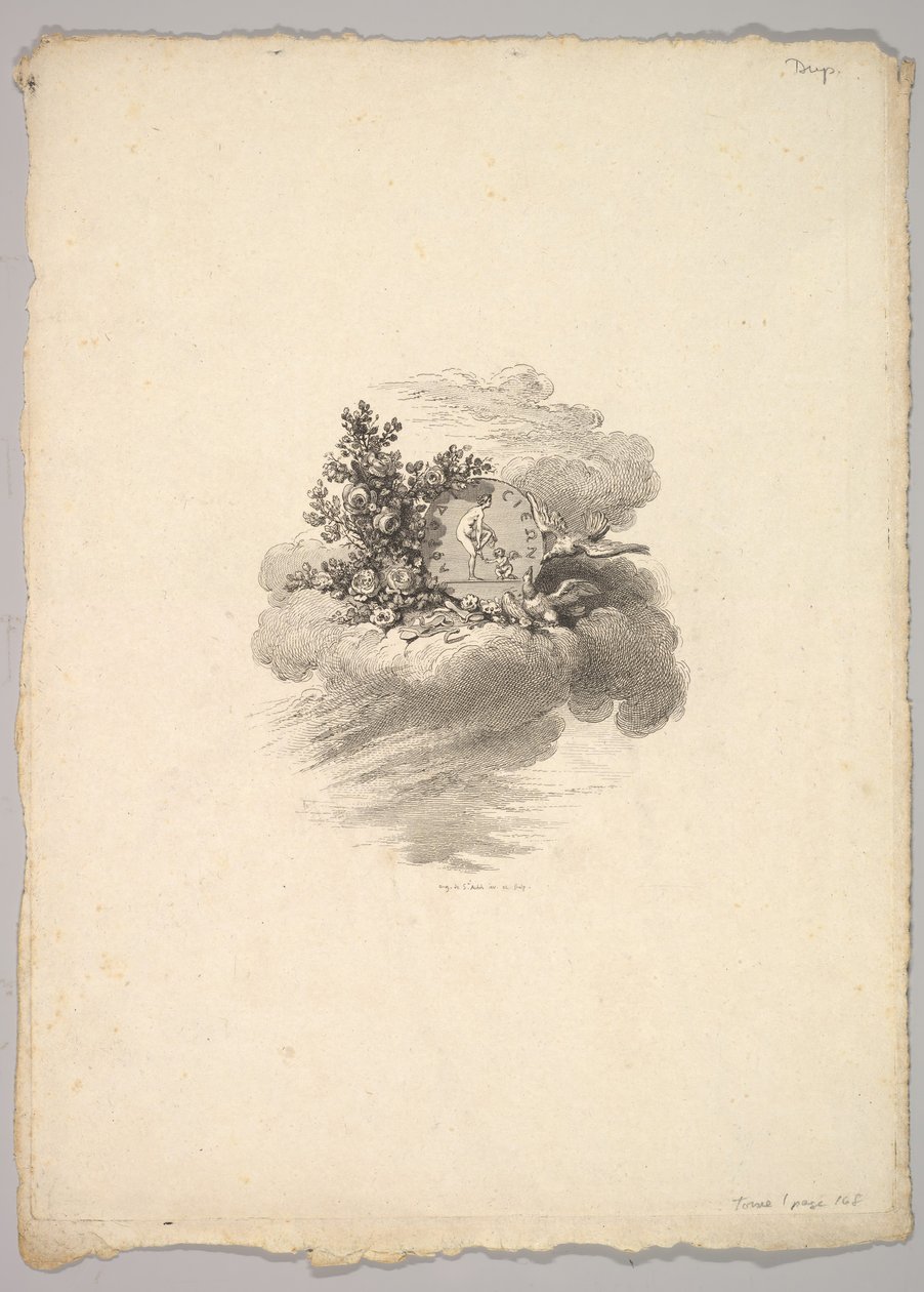 云上的硬币图案，左边是玫瑰，下面和右边是鸽子...，1778-80。 作者 奥古斯丁·德·圣奥宾