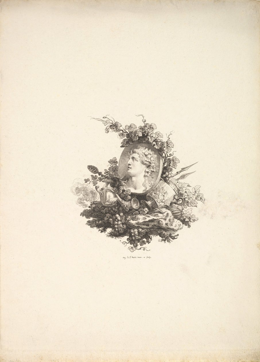 小提琴与巴克斯（Bacchus）头在山茱el上，《书名》（Tome I），第242页，摘自Description de ...，1778-80。 作者 奥古斯丁·德·圣奥宾