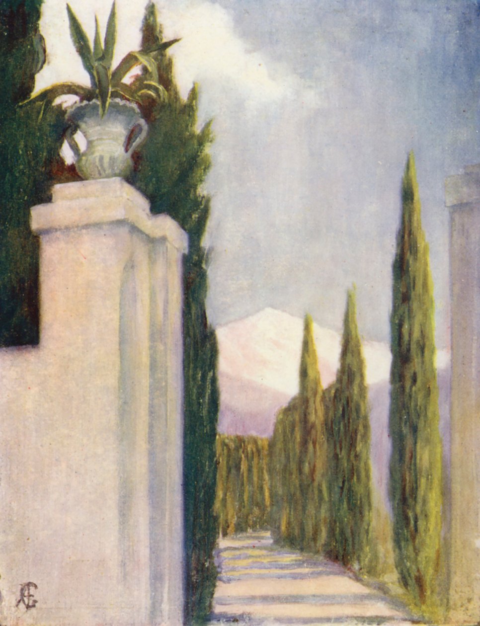 格拉纳达格兰尼费花园的入口（彩色石版画） 作者 奥古斯丁·菲茨杰拉德