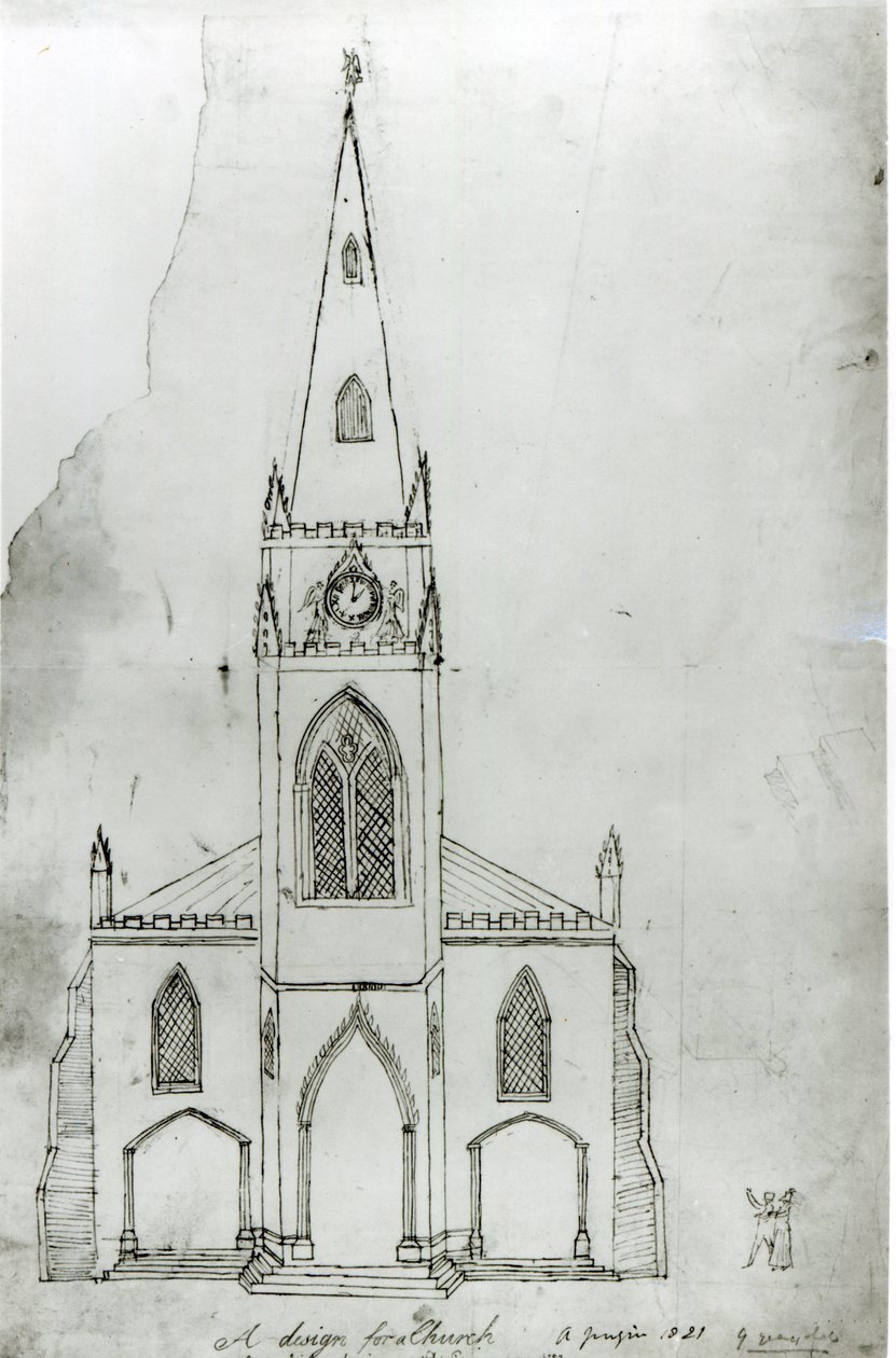 教堂设计，1821年（纸上墨水） 作者 奥古斯都·查尔斯·普金
