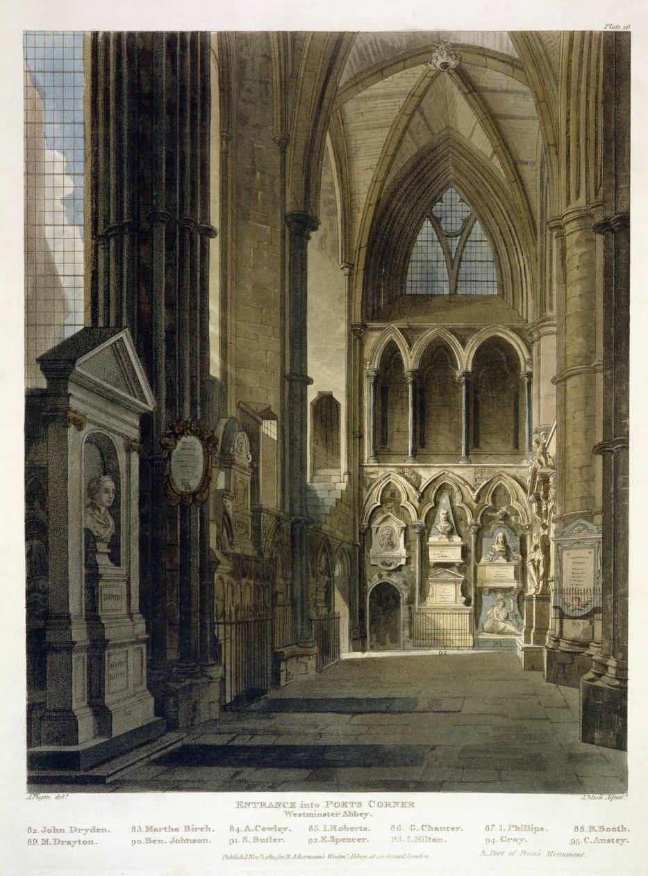 进入Poet&39;s Corner，来自&39;Westminster Abbey&39;的26号板，由J. Bluck（fl.1791-1831）酒吧刻。作者：Rudolph Ackermann（1764-1834）1811（aquatint） 作者 奥古斯都·查尔斯·普金