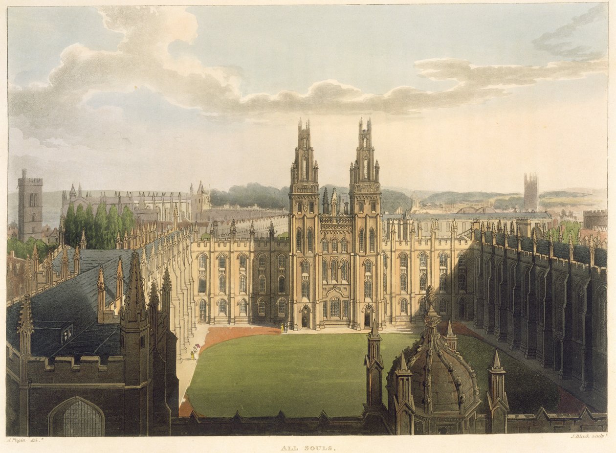 All Souls College的外观，取自Radcliffe图书馆的顶部，来自&39;牛津历史&39;的插图，由J. Bluck（fl.1791-1831）酒吧刻。作者：R. Ackermann，1814年（aquatint） 作者 奥古斯都·查尔斯·普金
