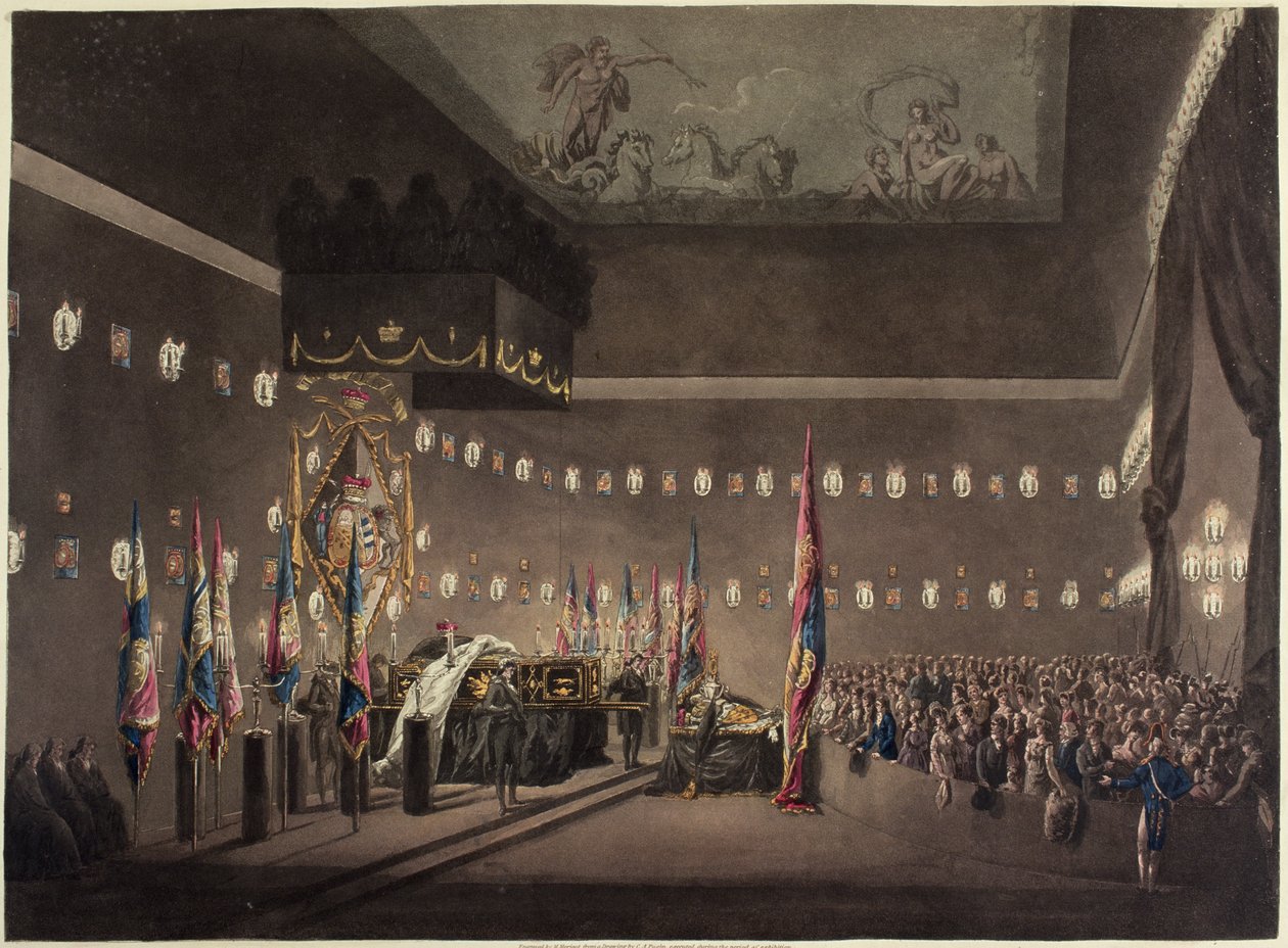 纳尔逊勋爵遗骸在格林威治医院的彩绘室内放置，由M. Merigot雕刻，1806年 作者 奥古斯都·查尔斯·普金