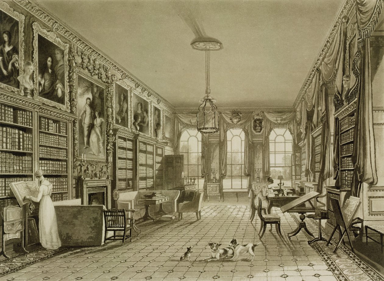 图书馆作为客厅，Cassiobury公园，1815年，来自J. Britton的“The History and description ... of Cassiobury Park”，伦敦，1837年，由Meyer雕刻的人物，由F. Lewis设计的aquatint 作者 奥古斯都·韦尔比·诺斯莫尔·普金