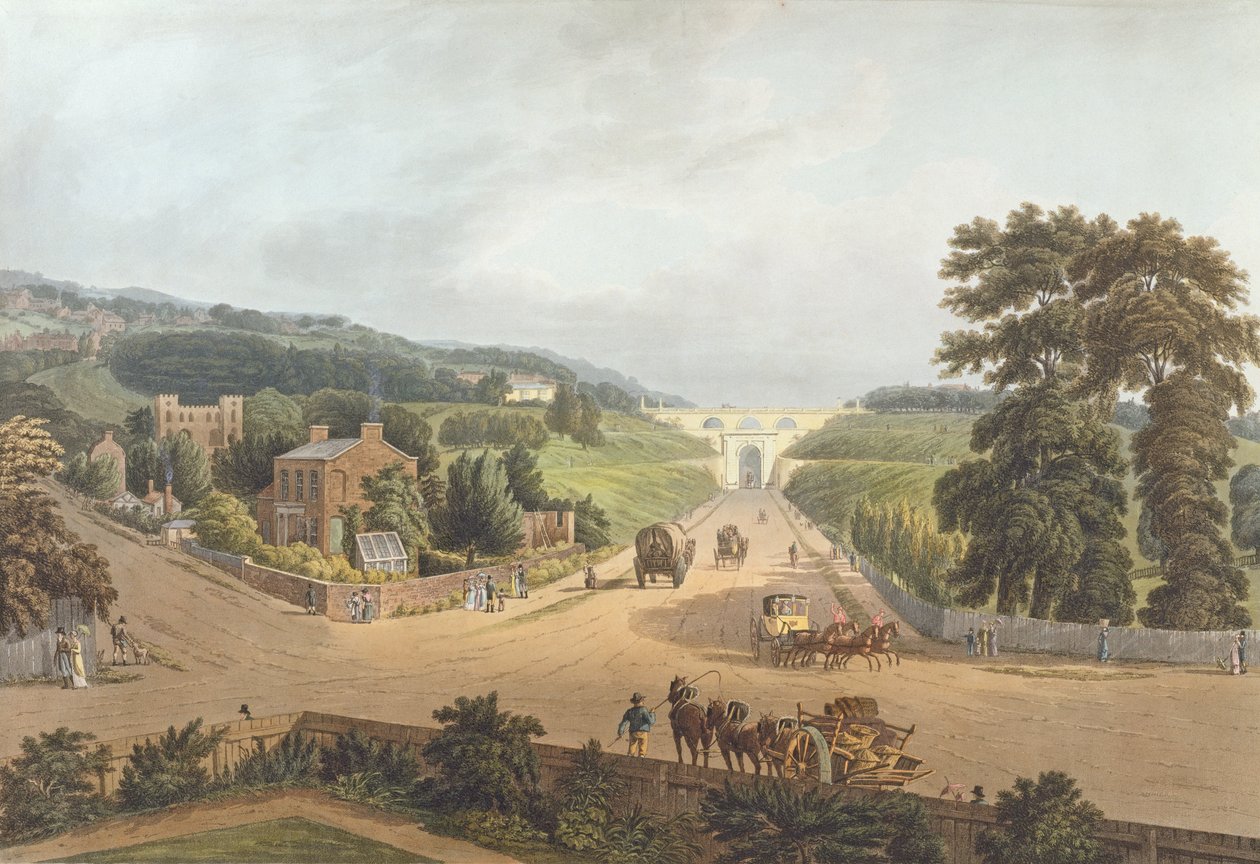 1821年Highgate拱门的视图，由John Hill（1770-1850）（aquatint）雕刻而成 作者 奥古斯都·查尔斯·普金