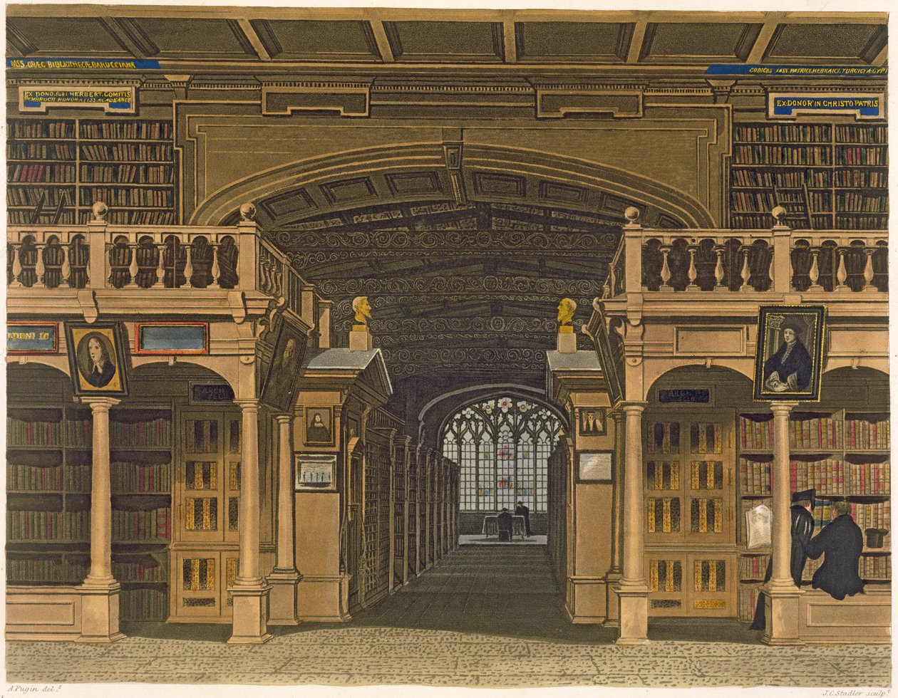 博德利图书馆的内部，来自&39;牛津历史&39;的插图，由Joseph Constantine Stadler（fl.1780-1812）酒吧刻。作者：R. Ackermann，1813年（aquatint） 作者 奥古斯都·查尔斯·普金