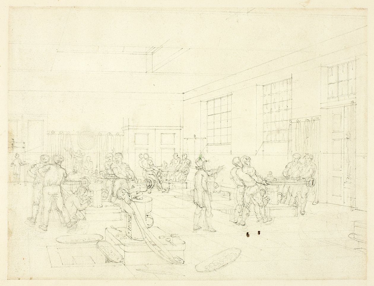 铸币厂研究，选自《伦敦微观世界》（正面）；庭院草图（背面） 作者 奥古斯都·查尔斯·普金
