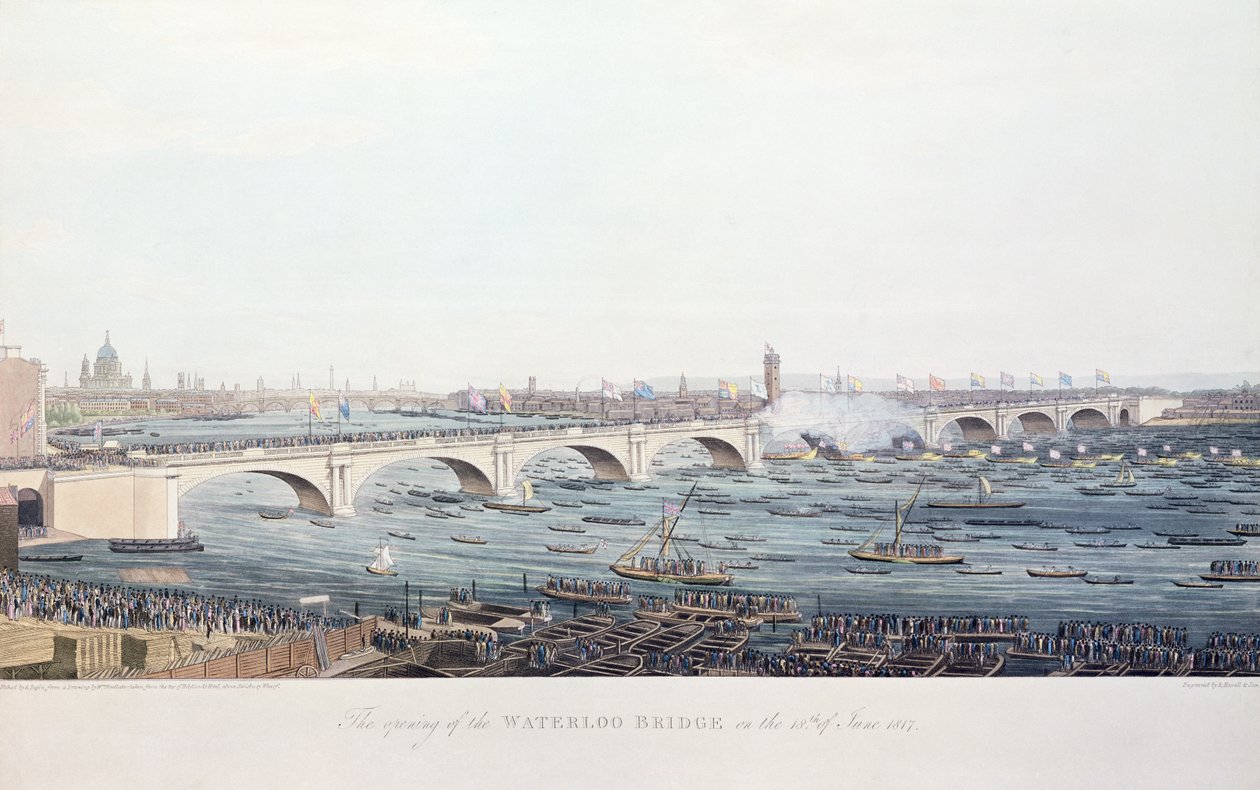 1817年6月18日滑铁卢大桥的开幕，由A.Prelain在W. Findlater的绘画中蚀刻，由R. Havell und Son雕刻，1818年（彩色雕刻） 作者 奥古斯都·查尔斯·普金