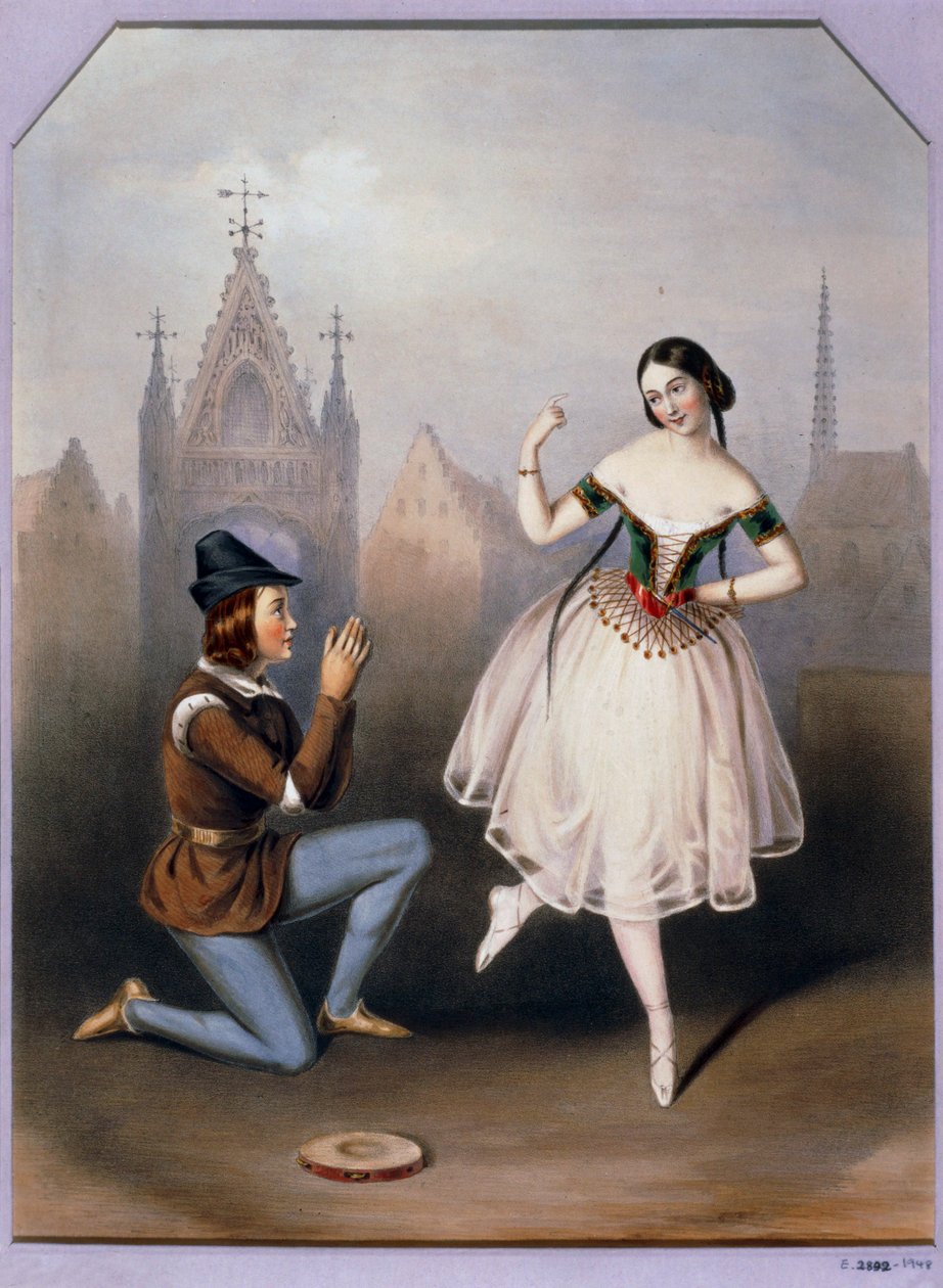卡洛塔-格里西（Carlotta Grisi）饰埃斯梅拉尔达（Esmeralda），儒勒-佩罗（Jules Perrot）饰格林古瓦（Gringoire）--三幕芭蕾舞剧《埃斯梅拉尔达》......（石版 作者 奥古斯都·朱尔斯·布维尔